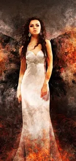 Fiery angelic woman in white dress with flames and dark wings.