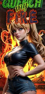 Animated girl with fiery flames background.