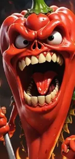 Fiery animated pepper character with fork.