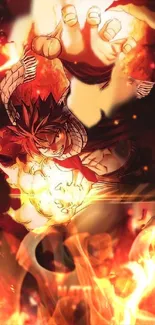 Dynamic anime character with fiery flames in engaging action scene.