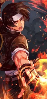 Anime character amid flames in dynamic action shot.