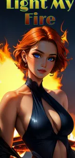 Anime character with fiery background, vibrant colors.