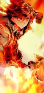 Anime character surrounded by vibrant orange and red flames.