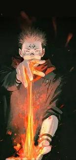 Anime character casting fiery magic on a dark background.