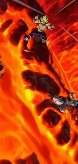 Anime heroes battling over a fiery lava scene.