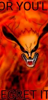 Fiery anime beast with fierce expression over orange flames.