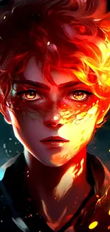 Anime character with fiery hair and glowing eyes in a digital art style.