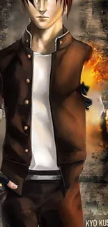 Anime character with a fiery arm on a brown themed background.