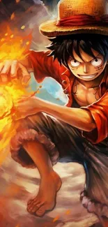 Anime warrior with fiery energy and straw hat