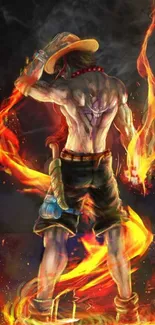 Anime character engulfed in flames, standing powerfully.