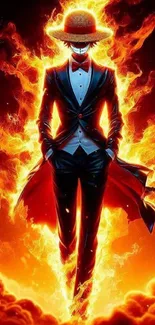 Anime character in a fiery suit engulfed in flames.