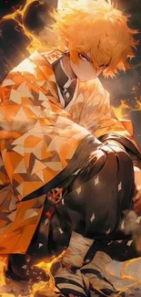 Anime character in fiery orange hues with dramatic lighting.