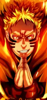 Anime character with fiery orange aura and intense look.