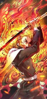 Anime character with sword and fiery background.