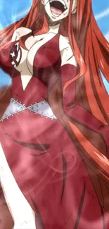 Anime character with red hair and outfit in dynamic pose.