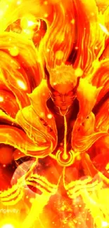 Anime character surrounded by fiery orange flames on a vibrant wallpaper.