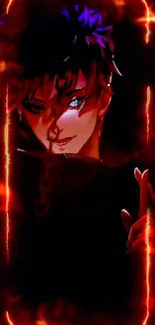 Fiery anime character surrounded by flames with a dark red backdrop.