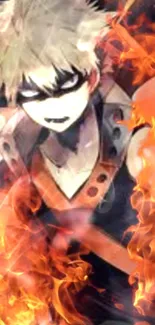 Anime character in a fiery backdrop with vibrant orange flames.