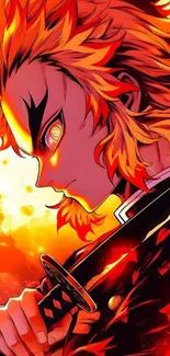 Fiery anime character with glowing orange-red flames in vibrant artwork.