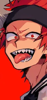 Anime character with red hair and a fierce expression on a vibrant red background.