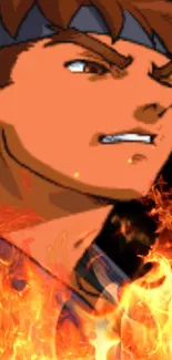 Anime character with fierce expression surrounded by flames.