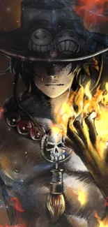 Anime character with hat and flames on a dark background.