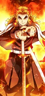 Anime warrior engulfed in fiery flames.