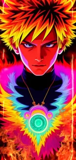 Anime character with fiery colors and intense gaze, vibrant wallpaper design.