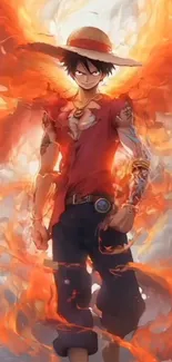 Anime character with fiery flames, vibrant and artistic.