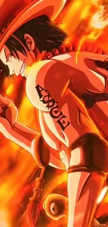 Anime character in fiery flames with tattoos on their back, perfect for mobile wallpaper.