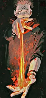 Anime character with fiery energy emanating from the hand, set against a dark background.