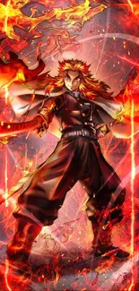 Anime character in fiery action with red and orange flames.