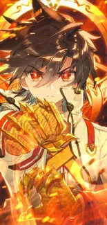 Anime character with fiery eyes and golden hands in a vibrant orange setting.