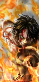 Anime character engulfed in vibrant flames with intense expression.