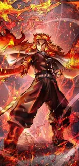 Fierce anime character with flames in action pose, perfect for mobile wallpaper.