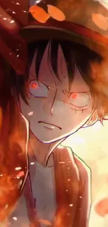 Fiery anime character with glowing eyes and orange flames background.