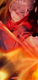 Anime character with fiery glow and a red cloak holding a sword.