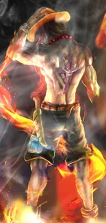 Fiery anime character with vibrant flames background.