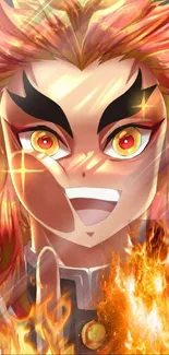 Anime character with fiery hair and flames on a vibrant wallpaper.