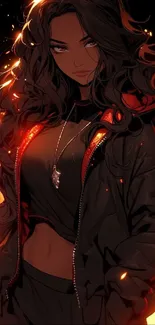 Anime character with fiery background and dark attire.