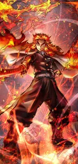 Anime character surrounded by flames in vibrant wallpaper.