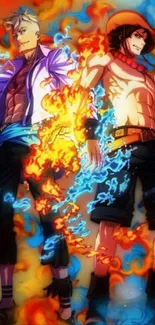 Anime duo with vibrant flames in orange and blue.