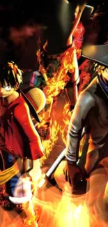 Anime duo engulfed in vibrant flames.