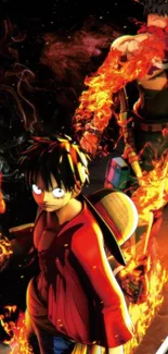 Anime characters with fiery flames in vibrant colors.