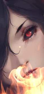 Anime character with fiery eyes and flames in dark theme.