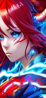 Anime girl with red hair and glowing blue eyes illustration.