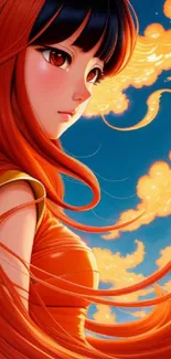 Anime girl with fiery orange hair and vibrant blue background