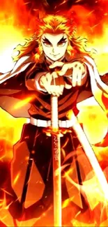 Anime hero with fiery background and sword.