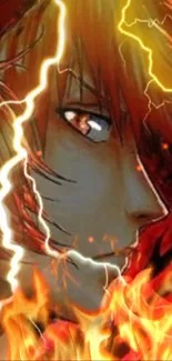 Anime character with lightning and fire background.