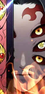 Anime wallpaper with fiery eyes and a mysterious mask.